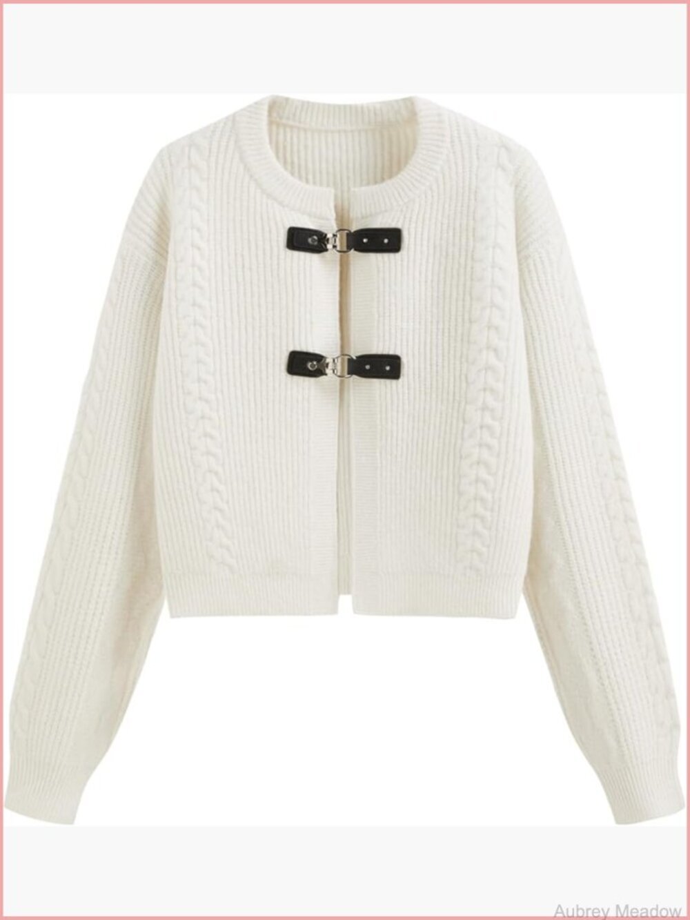 Women's Crop Cardigan Sweater Round Neck Buckle Knit Long Sleeve Open Front